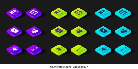 Set Bar de jabón, Limpiador de vacío, Servicio de limpieza en casa, Esponge, Tubo metálico de la industria e icono de botella de lavado de lavado de lavado. Vector