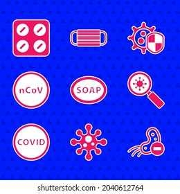 Set Bar of soap, Virus, Negative virus, under magnifying glass, Corona covid-19, 2019-nCoV, Shield protecting from and Pills blister pack icon. Vector