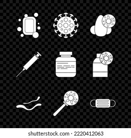 Set Bar of soap, Virus, Runny nose and virus, Ebola disease, under magnifying glass, Medical protective mask, Syringe and Medicine bottle pills icon. Vector