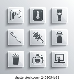 Set Bar of soap, Washbasin mirror, Trash can, Hairbrush, Bucket with suds, Toothbrush, Shower and Tube toothpaste icon. Vector