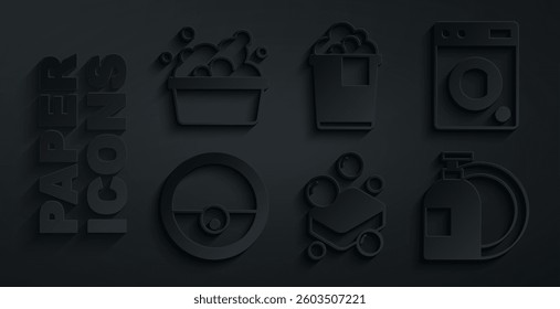 Set Bar of soap, Washer, Robot vacuum cleaner, Dishwashing liquid bottle, Bucket with foam and Basin suds icon. Vector