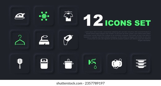 Set Bar of soap, Washing dishes, Brush for cleaning, Water tap, Hanger wardrobe, Trash can, Bacteria and Cooking pot icon. Vector