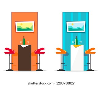 Set from the bar table and chairs with a picture and a bottle with glasses. Vector illustration of a flat style.