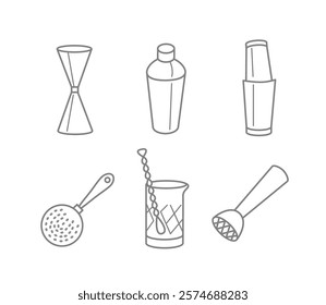 Set of bar tools icons for making cocktails, Mixing Glass, Bar Spoon, Shaker, Strainer, Jigger, Muddler in line style.