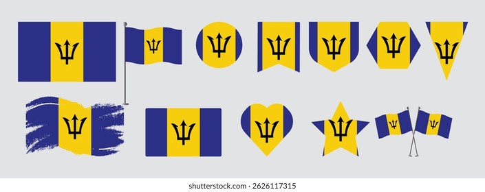 Set Barbados flags, banners, brush, symbols, flat icon. Vector illustration of collection of national symbols on various objects and state signs and shape