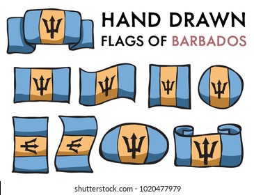 Set of Barbados Hand Drawn / Doodled  National Flags. High-Quality Vector Illustration. Grouped, Ready To Use!