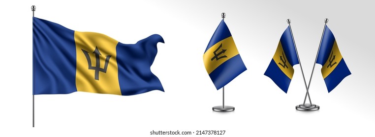 Set von Barbados schwenkbarer Fahne auf isoliertem Hintergrund, Vektorgrafik. 3 Streifen Barbadosianische Wavy-Realitätsflagge als patriotisches Symbol
