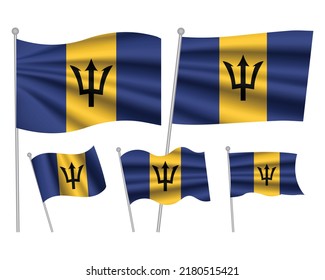 Set of Barbados waving flag on isolated background vector illustration. 5 stripes Barbadosian wavy realistic flag as a patriotic symbol
