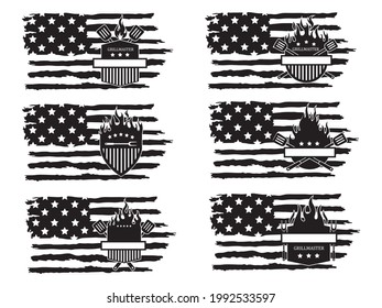 Set of barbecue american flag of the grill master. Collection of the shield emblem on fire with barbecue accessories paw, lard, tongs. Vector illustration for food establishments. Chef logo.