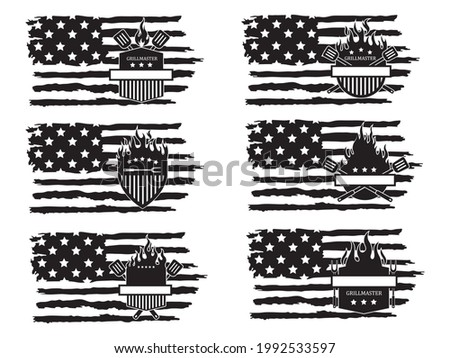 Set of barbecue american flag of the grill master. Collection of the shield emblem on fire with barbecue accessories paw, lard, tongs. Vector illustration for food establishments. Chef logo.