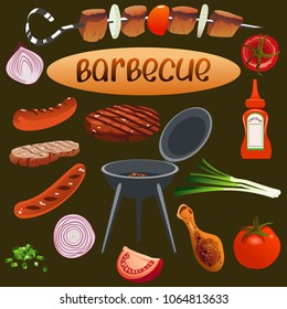Set of barbecue, burger, sausages, steak, chicken and kebab. Ketchup and barbecue roaster. Picnic in the nature.