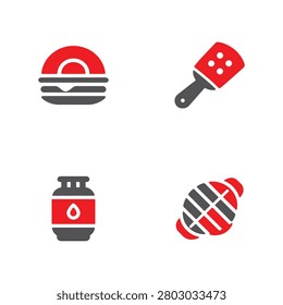 Set of barbecue and cooking icons, including burger, spatula, gas cylinder, and grill