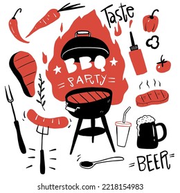 Set of barbecue elements drawn in doodle vector. For the design of the menu of cafes and restaurants. Hand drawn vector doodle.