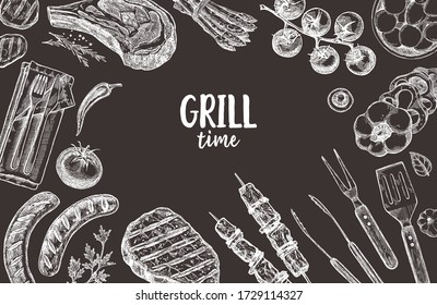 
Set of barbecue elements drawn in vector. For the design of the menu of cafes and restaurants, shop windows related to the theme of grilled food.