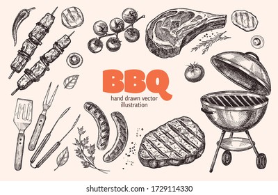 
Set of barbecue elements drawn in vector. For the design of the menu of cafes and restaurants, shop windows related to the theme of grilled food.