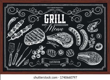 Set of barbecue elements drawn in vector. For the design of the menu of cafes and restaurants, shop windows related to the theme of grilled food.