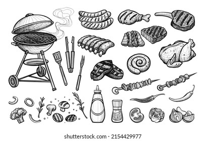 Set of barbecue elements grilled meat and ingredients hand drawn sketch. BBQ party concept illustration