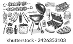 Set of barbecue equipment. Hand drawn collection of bbq tool and food. Outdoor grill. Sketch style fried meat, shish kebab, sauce, fish, ribs, sausages, steak, grilled vegetables. Vector engraving