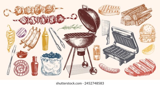 Set of barbecue equipment. Hand drawn collection of bbq tool and food. Outdoor grill. Sketch style fried meat, shish kebab, fish, ribs, sausages, steak, grilled vegetables. Summer outdoor eating