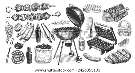 Set of barbecue equipment. Hand drawn collection of bbq tool and food. Outdoor grill. Sketch style fried meat, shish kebab, sauce, fish, ribs, sausages, steak, grilled vegetables. Vector engraving