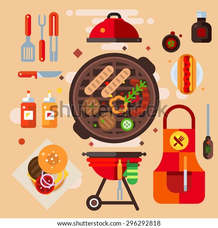 Set barbecue facilities for home or restaurant. Party with friends or a family dinner during the weekend. Products for grilling and kitchen equipments. Vector flat illustration