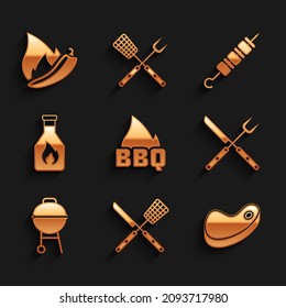 Set Barbecue fire flame, Crossed knife and spatula, Steak meat, fork, grill, Ketchup bottle, Grilled shish kebab and Hot chili pepper pod icon. Vector