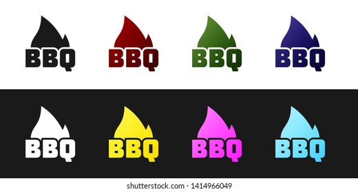 Set Barbecue fire flame icon isolated on black and white background. Heat symbol. BBQ grill party. Vector Illustration