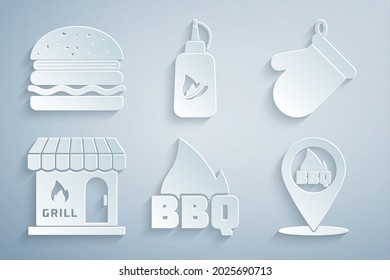 Set Barbecue fire flame, Oven glove, shopping building, Location with barbecue, Ketchup bottle and Burger icon. Vector