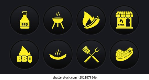 Set Barbecue fire flame, shopping building, Sausage, Crossed fork and spatula, Hot chili pepper pod, grill, Steak meat and Ketchup bottle icon. Vector