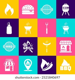 Set Barbecue fire flame, shopping building, grilled shish kebab, Mustard bottle, Fire and fork icon. Vector