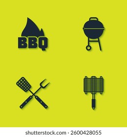 Set Barbecue fire flame, steel grid, Crossed fork and spatula and grill icon. Vector