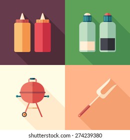 Set of barbecue flat square icons with long shadows.