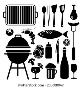 Set of barbecue food and utensils black icons, isolated vector objects