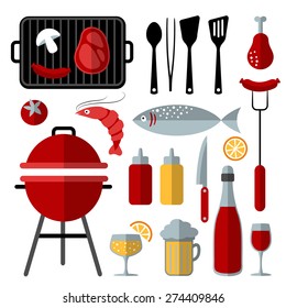 Set of barbecue food and utensils elements trendy flat design, isolated vector objects