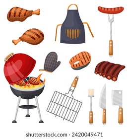 A set of barbecue food and utensils, barbecue party items. Outdoor grills, grilled meat, a vector set of equipment for a picnic on the grill