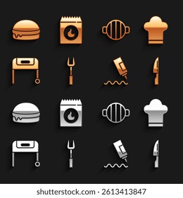 Set Barbecue fork, Chef hat, knife, Sauce bottle, grill, Burger and coal bag icon. Vector
