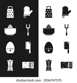 Fijar horquilla de barbacoa, jugo de cítricos, grater, guante de hormigón, temporizador de cocina, helicóptero de carne, horno de microondas e icono de Blender. Vector