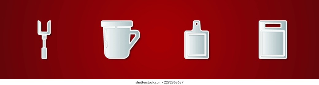 Set Barbecue fork, Coffee cup, Cutting board and  icon. Vector