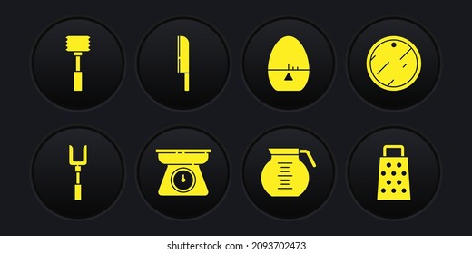 Set Barbecue fork, Cutting board, Scales, Coffee pot, Kitchen timer, Knife, Grater and hammer icon. Vector
