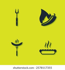 Set Barbecue fork, Hotdog sandwich, Sausage on the and chili pepper pod icon. Vector