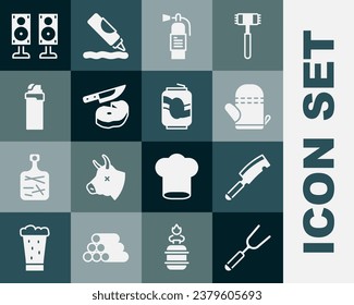 Set Barbecue fork, Meat chopper, Oven glove, Fire extinguisher, Steak meat and knife, Lighter, Stereo speaker and Soda can icon. Vector