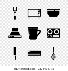 Set Barbecue fork, Microwave oven, Bowl, Knife, Air conditioner, Kitchen whisk, extractor fan and Coffee cup icon. Vector