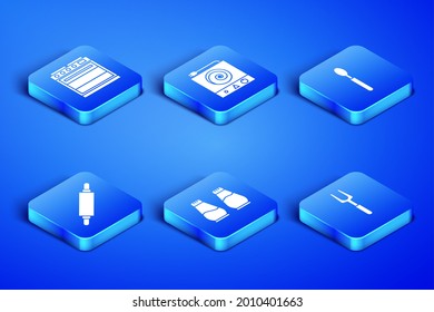 Set Barbecue fork, Oven, Salt and pepper, Rolling pin, Electric stove and Spoon icon. Vector