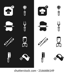 Set Barbecue fork, Rolling pin on dough, Chef hat, Kitchen whisk, Food chopsticks, Blender, Electric mixer and Meat chopper icon. Vector