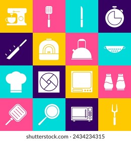 Juego Horno de barbacoa, Sal y pimienta, Colador de cocina, Cuchillo, Horno, Sartén, Mezclador eléctrico y Hervidor de agua con icono de manija. Vector