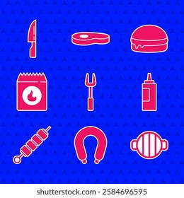 Set Barbecue fork, Sausage, grill, Sauce bottle, Grilled shish kebab, coal bag, Burger and knife icon. Vector