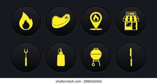 Set Barbecue fork, shopping building, Mustard bottle, grill, Location with fire flame, Steak meat, knife and Fire icon. Vector