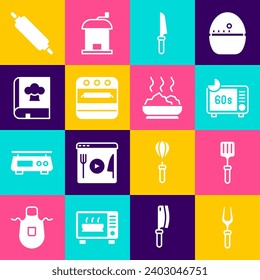 Set Barbecue fork, spatula, Microwave oven, Knife, Oven, Cookbook, Rolling pin and Bowl of hot soup icon. Vector