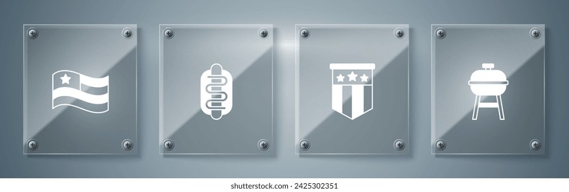 Set Barbacoa, Bandera Americana, Sándwich Hotdog y . Paneles de vidrio cuadrado. Vector