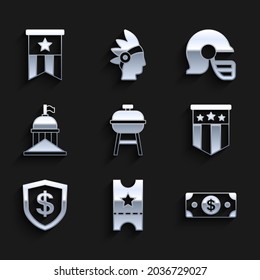 Set Barbecue grill, Baseball ticket, Stacks paper money cash, American flag, Shield with dollar, White House, football helmet and  icon. Vector